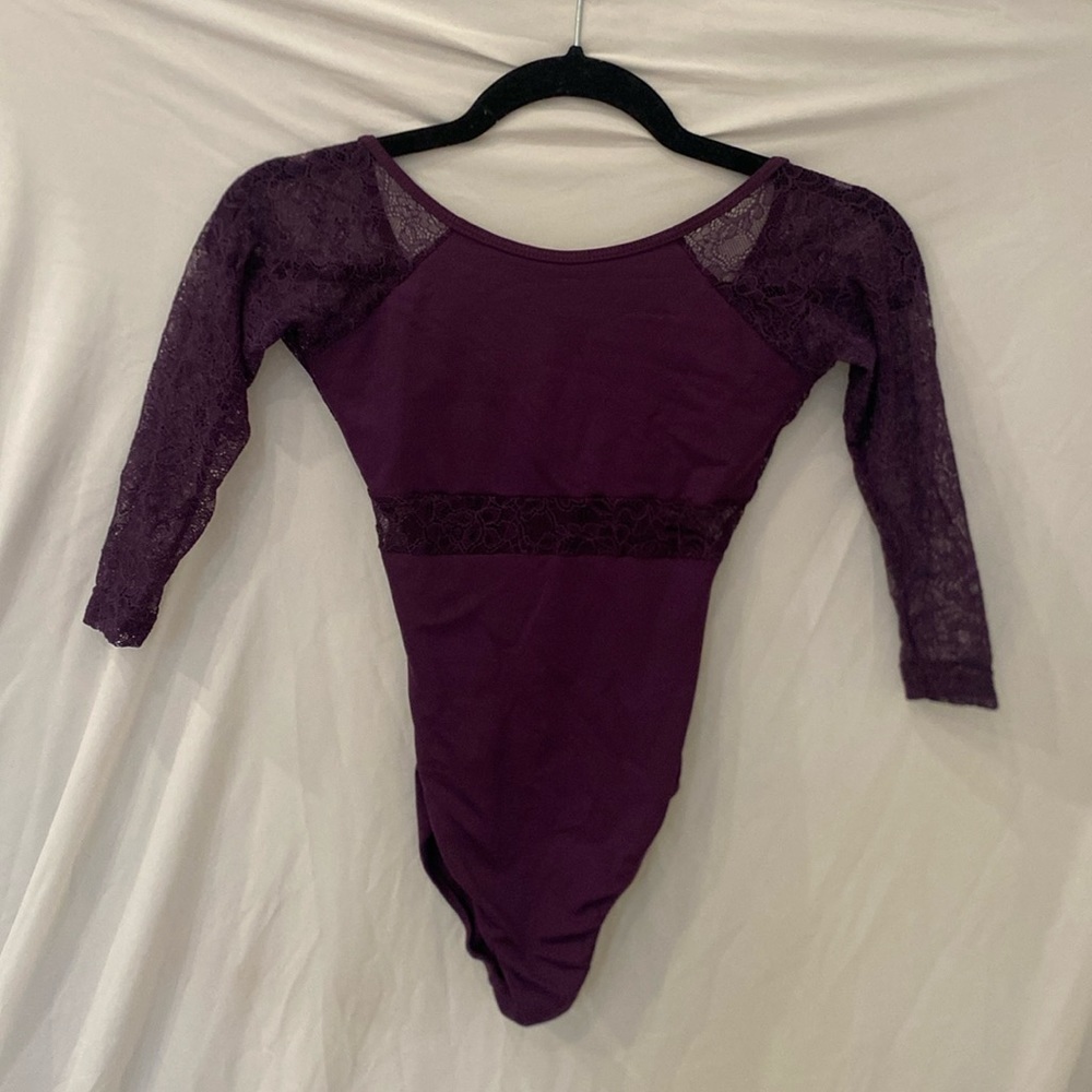 Natalie Couture girls leotard lace 3/4 sleeve purple ballet leotard